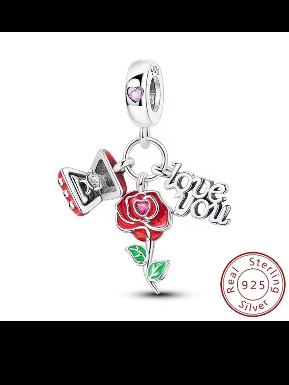 Sterling Silver Red Rose & 'Love You' Dangle Charm